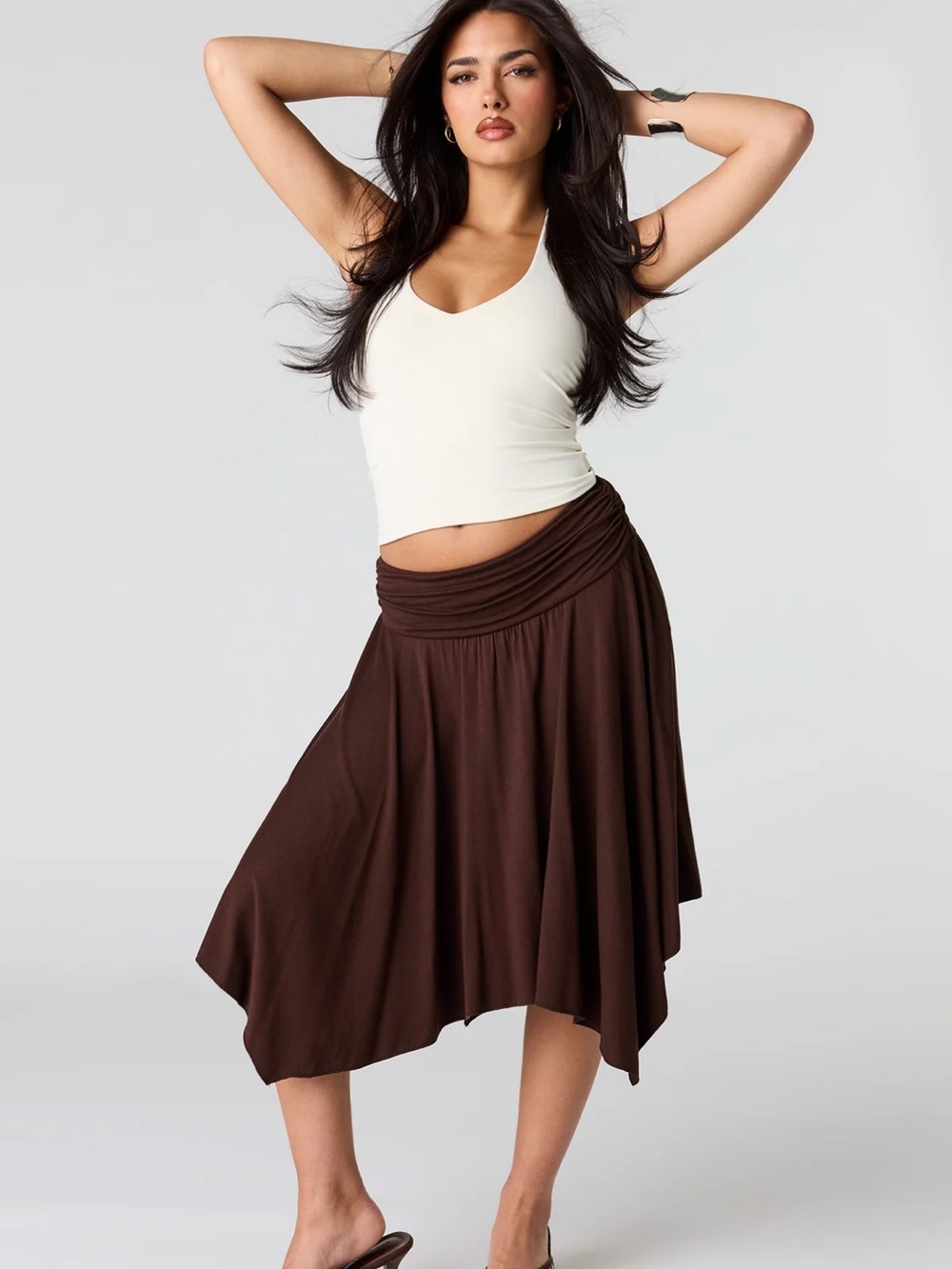 Women’s Flowing Handkerchief Hem Midi Skirt - Brown - Picture 5 of 6